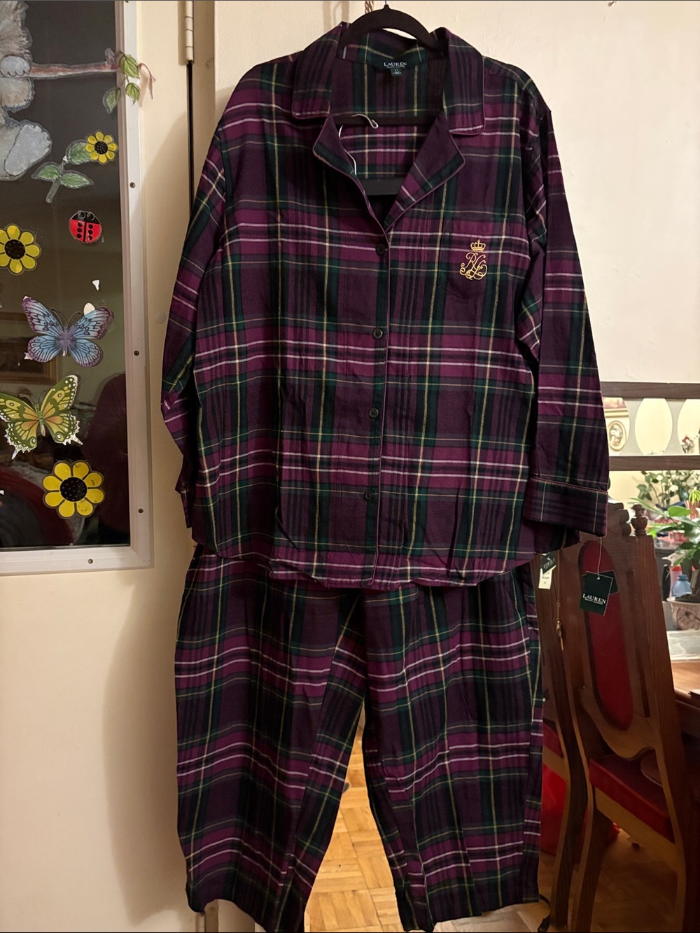 Lauren Ralph Lauren Purple and Green Plaid Pajama Set with Crest. Cotton
